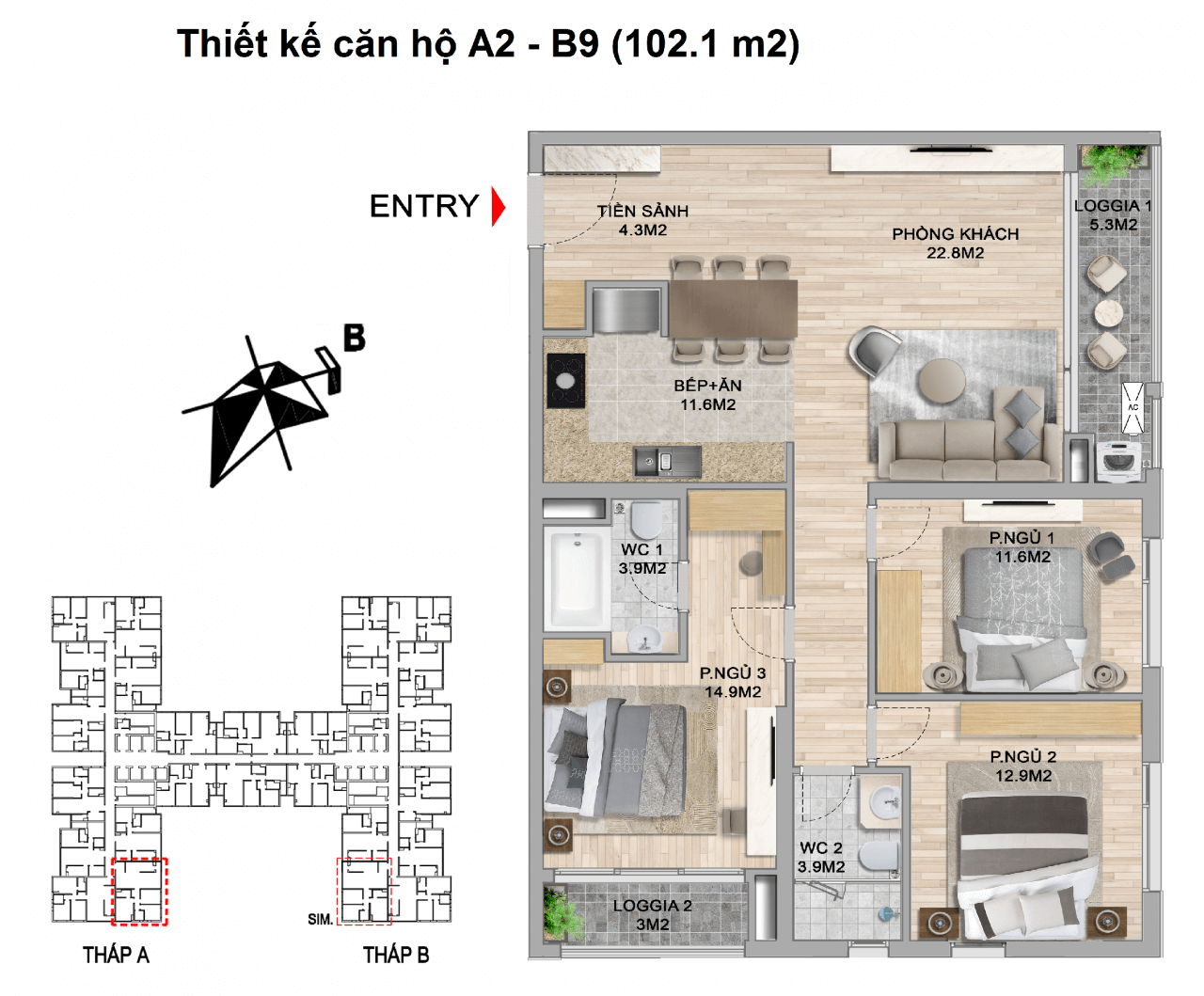 thiết kế căn hộ 3 ngủ the zei mỹ đình