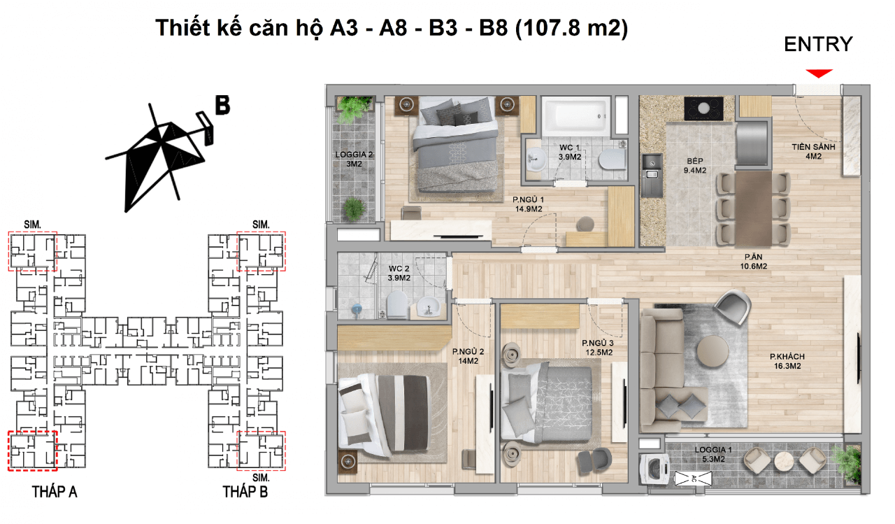 thiết kế căn hộ 3 ngủ the zei mỹ đình