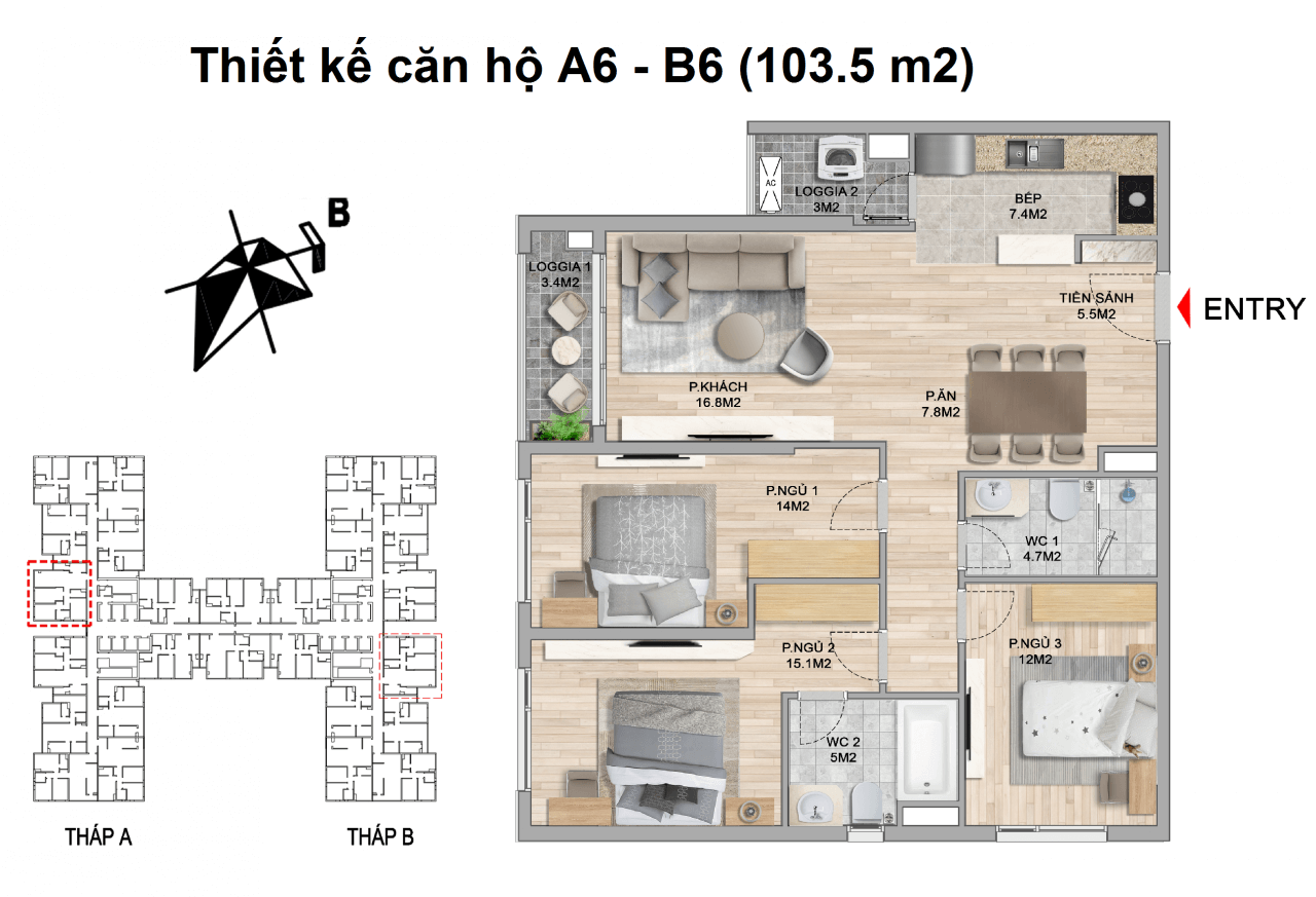 thiết kế căn hộ 3 ngủ the zei mỹ đình