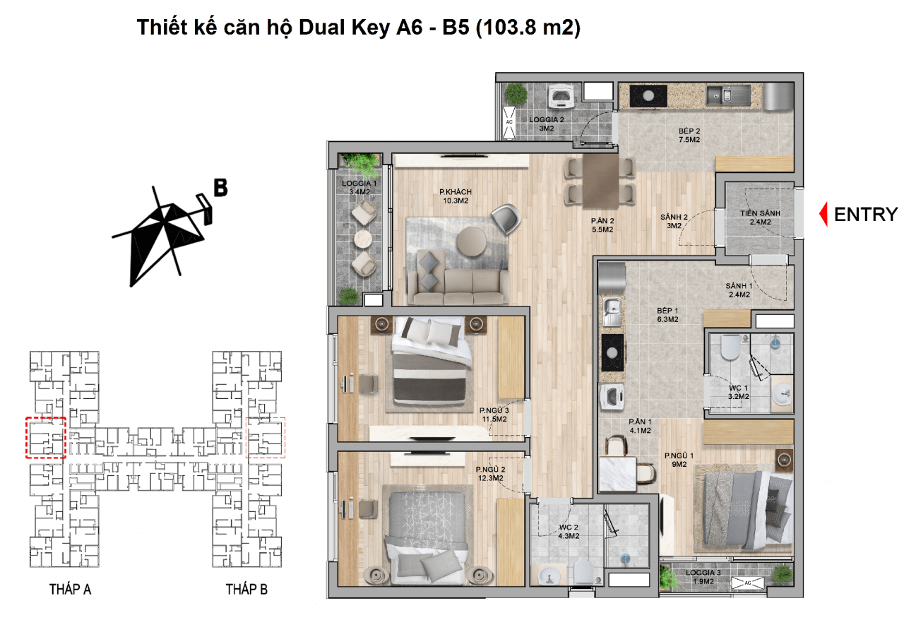 thiết kế căn hộ dual key the zei mỹ đình