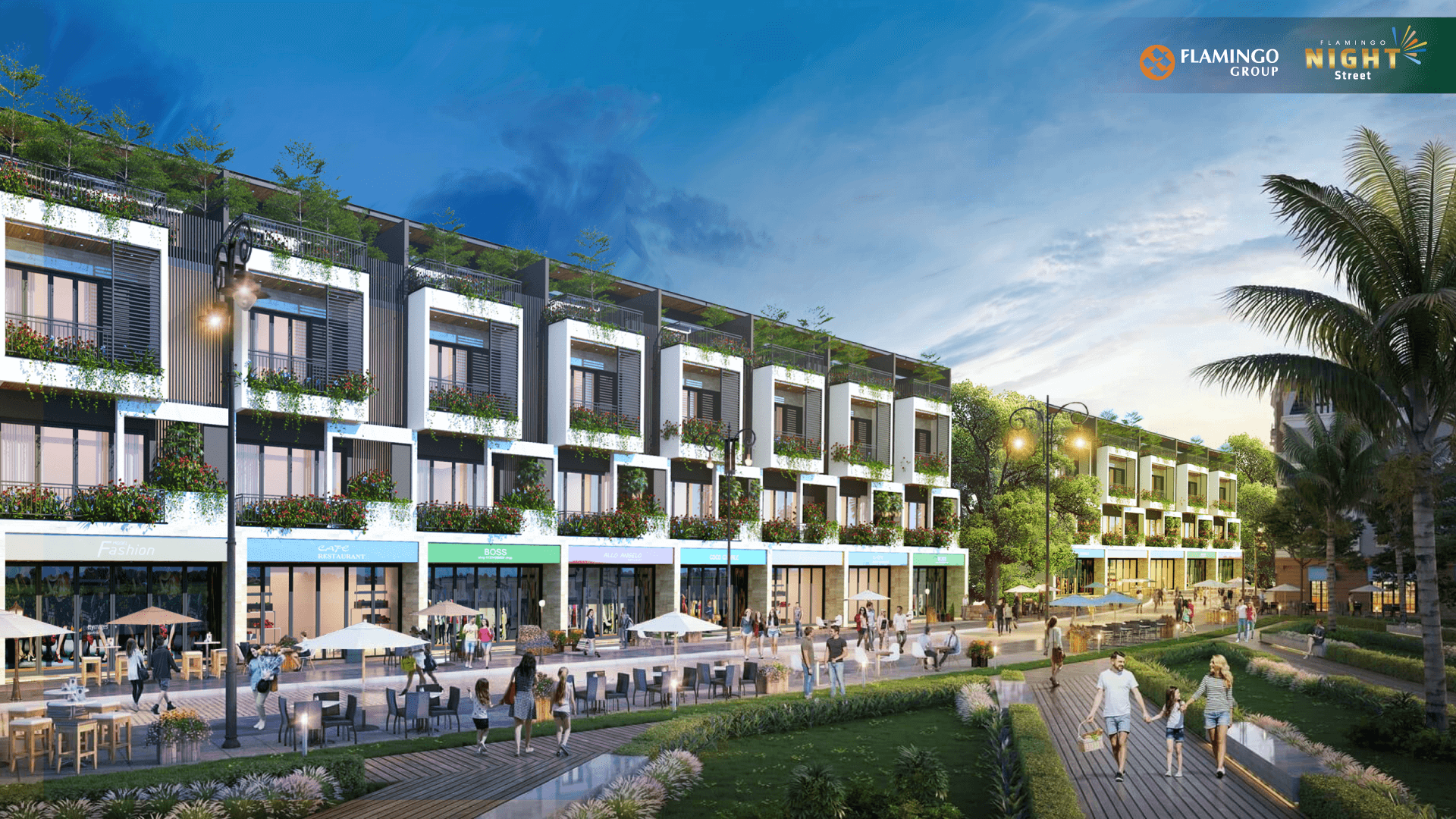 shophouse garden flamingo night street