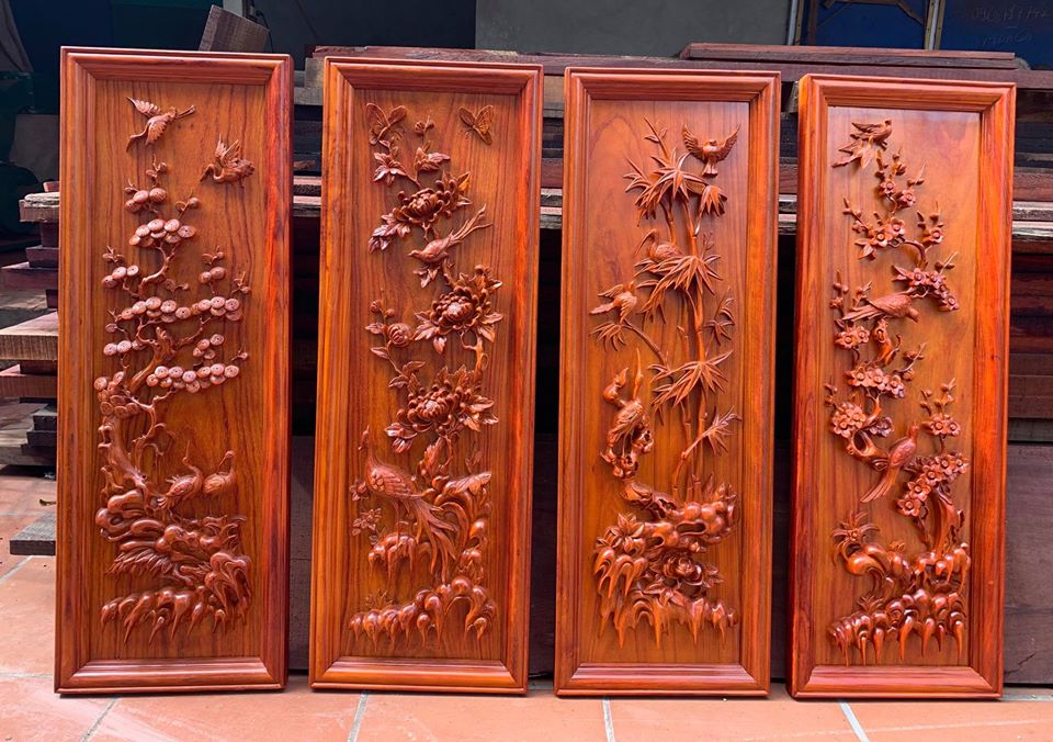 Bộ tranh tứ quý Tùng Cúc Trúc Mai được làm bằng chất liệu gỗ điêu khắc tinh tế, tỉ mỉ