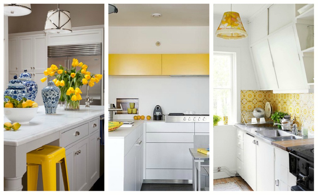 Tủ bếp, ghế bếp, gạch ốp tường màu vàng nhạt