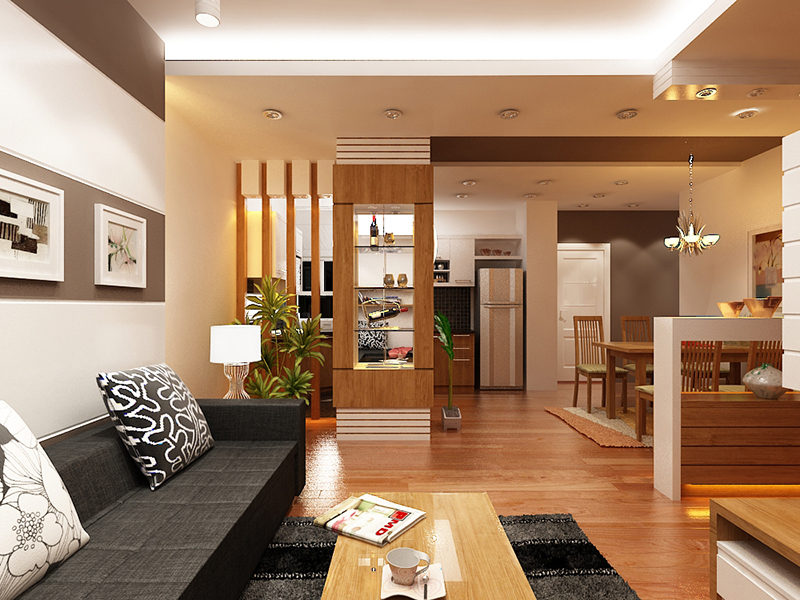 Phòng khách với thiết kế nội thất gỗ màu nâu sáng đem lại không gian ấm cúng, mộc mạc.