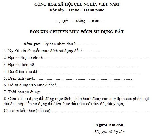 Đơn xin chuyển mục đích sử dụng đất Đơn xin chuyển mục đích sử dụng đất